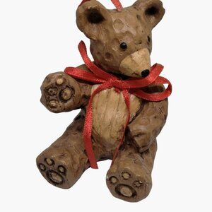 Teddy Bear Christmas Ornament Rustic Cottage Cabin Lodge Brown Red Ribbon Bow